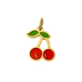 Macro detail of a red cherry charm pendant with green leaves and gold plating - Delicate Enamel Pendant (PJ-00004-Cherry 6)