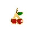 Detailed close-up of a red cherry pendant with green leaves and a golden metal clasp - 3D Enameled Red Cherry (PJ-00004-Cherry 7)