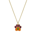 Cute gold paw necklace featuring purple and orange enamel with a green tree detail - Green Tree Paw
