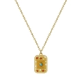 Collana con ciondolo tarocchi dorato vintage, pietra turchese blu e motivi in smalto - Modello Rettangolo Concentrico (XL-00165-N. 5)