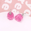 Macro shot of pink jelly pudding style resin earrings with silver metal hooks - Pink