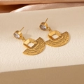 Detail of gold fan-shaped stud earrings with cubic zirconia and square cutout accents - White Zircon Square Fan Stud Earrings (1989)