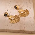 Detail of vintage square fan earrings with black gemstone and gold hammered texture finish - Black Zircon Square Fan Stud Earrings (1990)