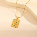 Golden snake chain necklace with floral rectangular pendant and three blue turquoise stones - Square Tag Three Stones Turquoise Necklace (0862)