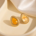 Boucles d'oreilles goutte dorées avec pierres poires couleur ambre et bordure perlée - Goutte Pierre Orange (TYE2074)