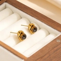 Macro shot of vintage gold earrings with brown tiger eye stones in a wooden jewelry box - Geometric Tiger's Eye Stud Earrings (2072)