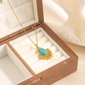 Golden necklace with turquoise gemstone pendant in a wooden jewelry box for a chic look - Fan Shape Feather Turquoise Necklace (0857)