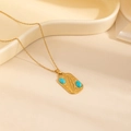 Gold stainless steel turquoise heart necklace with feather texture pendant on O-chain - Double Leaf Turquoise Necklace (0887)