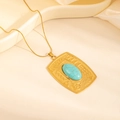 Golden butterfly turquoise necklace with rectangular pendant and snake bone chain - Rectangular Oval Turquoise Necklace (0886)