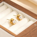 Lava design gold earrings with a round white pearl on luxury wood jewelry box display - Geometric Artificial Pearl Stud Earrings (2073)