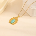 Bohemian gold-plated necklace featuring oval turquoise pendant with starfish and shell relief - Shell Star Turquoise Necklace (0893)