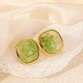 Minimalist gold square stud earrings with green marble resin inlay on white marble stone - Emerald Green Square Stone Style (0396)