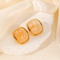Vintage gold-plated rectangular stud earrings with marble texture amber resin inlay - Light Orange Square Stone Style (0399)