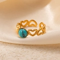 Detail of vintage gold-plated open heart ring featuring a natural turquoise stone - Openwork Heart Turquoise Adjustable Style (TYR1018)