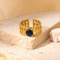 Adjustable gold plated steel ring with blue cat-eye stone and woven hollow design - Braided Blue Cat's Eye Adjustable Style (TYR0832)