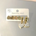 Three-piece stainless steel earring set featuring gold heart and Roman numeral designs - Heart and Round Rhinestone Earring Set (E1021)