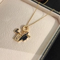 Detail of gold passport pendant with pink zircon and black mortarboard charm necklace - Black Graduation Cap - Gold Style (TYN0390J)