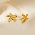Elegant gold flower stud earrings in organic 5-petal design on beige silk background - Orchid Shape Stud Earrings (0137) / Gold