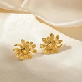 Detailed view of gold flower petal earrings on premium beige satin background - Chrysanthemum Stud Earrings (0135) / Gold