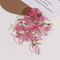 Handmade long pink flower cluster brooch with green beads and transparent leaves - Rose Red