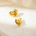 Elegance gold heart-shaped earrings with hammered metal texture on silk background - Textured Lava Heart Stud Earrings (0131) / Gold
