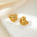 Elegant gold heart stud earrings with vintage textured stripes on silk background - Textured Heart Stud Earrings (0128) / Gold