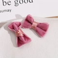 Pair of soft pink velvet bow hair clips handcrafted with satin center on elegant plate - Deep purple