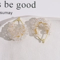Close-up of handmade crystal beaded teardrop earrings with gold metal frames - Oval
