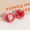 Detail van rood-witte kanten bloemen met gaasstructuur en ronde bevestiging op de achterkant - Rood