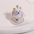 Miniature white teacup puppy figurine with gold trim and metal ring for DIY charms - New White Checkerboard