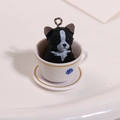 Miniature Boston Terrier dog pendant in a white teacup with gold trim and metal ring - New Black Checkerboard