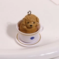 Cute brown curly-haired teacup puppy DIY hanging charm with white golden saucer - Light Coffee