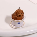 Cute brown toy poodle in a white crown coffee cup miniature charm with silver ring - New Dark Coffee
