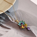 Vintage floral zircon necklace with blue enamel flower and purple water drop crystal - Gold - Flower Zirconia Necklace