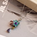 Floral zircon necklace with green enamel petals and a small red ladybug pendant charm - Steel Color - Flower Zirconia Necklace
