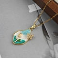 Collana vintage stile pittura a olio con pendente a tulipano e farfalla dorata da donna - Pendaglio Fiore Farfalla / Blu-Verde