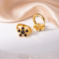 Detail of gold flower hoop earrings with black zircon stones on champagne silk - Black Five-Petal Flower Style (1337)
