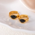 Detailed view of gold steel earrings with black zircon oval drop in luxurious setting - Black Oval Eye Style (1419)