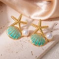 Détails de boucles d'oreilles étoile de mer et coquillages avec perles sur soie - Boucles d'Oreilles Clous Coquillage Étoile de Mer Verte (1508)