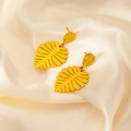 Gold monstera leaf double drop earrings in matte finish with tropical plant design - Leaf Trio Style (0489)