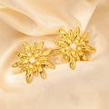 Golden sunburst star earrings with white pearls on elegant champagne silk background - Flower Artificial Pearl Style (0496)