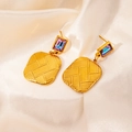 Golden wing earrings featuring gradient rectangular gemstones and textured square charms - Square Plate Textured Style (0484)