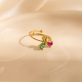 Adjustable gold open ring with colorful pear-cut zircon stones in a floral arrangement - Colorful Three-Drop Style (1657)