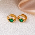 Gold-plated hoop earrings with green pear-shaped zircon and brushed metal finish - Green Waterdrop Style (1430)