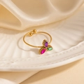 Gold stainless steel open ring with colorful zircon petals on champagne silk background - Colorful Clover Style (1636)