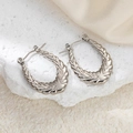 Minimalist silver stainless steel U-shaped hoop earrings with delicate leaf texture engraving - Leaf Pattern Earrings 0189