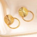 Gold-plated pleated disc earrings with hollow round hoop on silk fabric background - Round Sequined Style (0358)