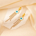 Gold evil eye hoop earrings with blue enamel and long sparkling rhinestone tassels - Round Evil Eye Style (0513)
