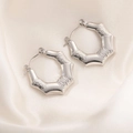 Elegant silver hexagonal stud earrings with hammered texture and polished finish for women - Octagonal Hammered Hoop Earrings 0223