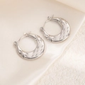 Silver crescent moon earrings with star pattern engraving on elegant satin - O-Shape Star Engraved Earrings 0224